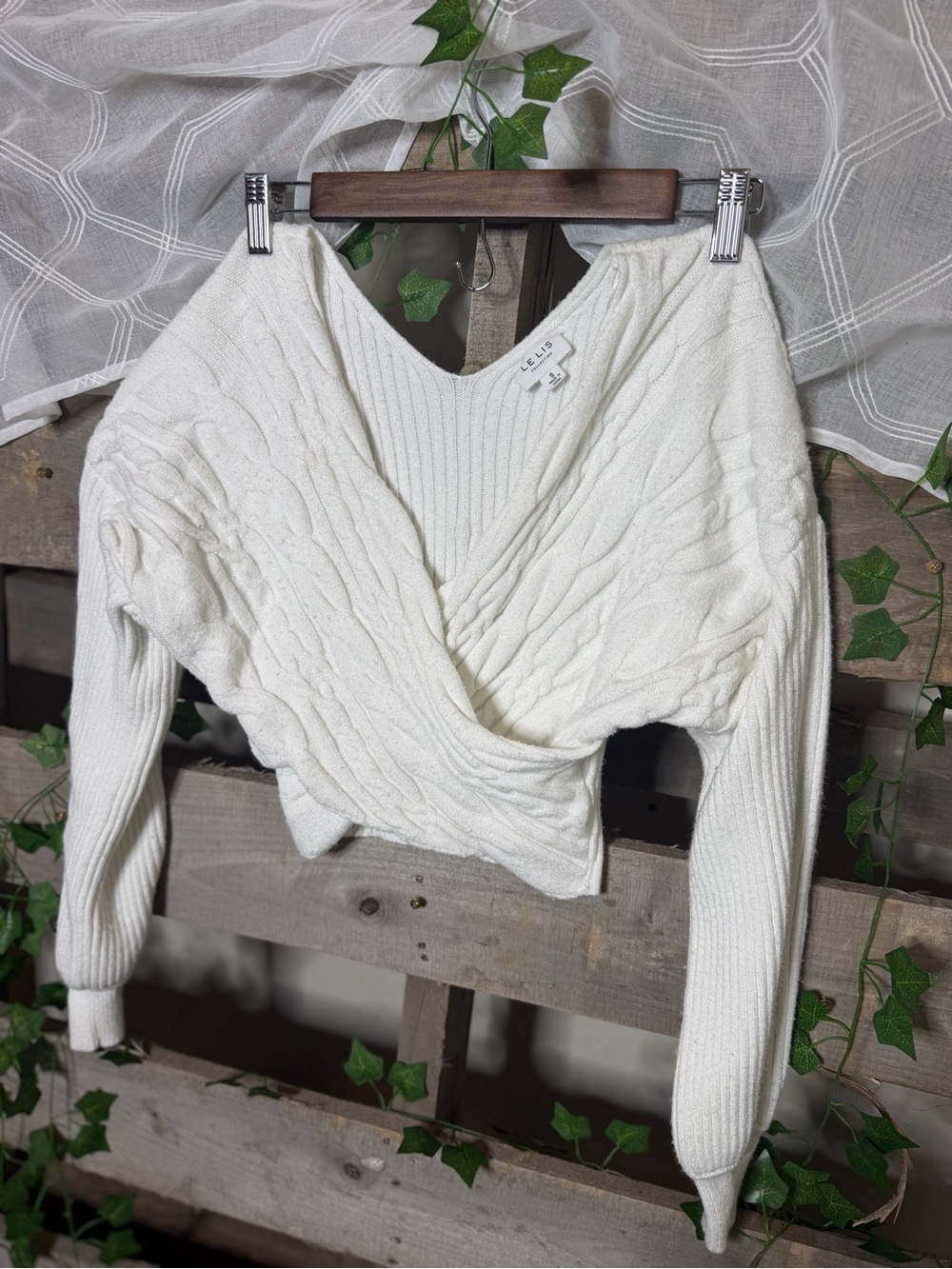 Le Lis Cream Off-the-Shoulder Cable Wrap Sweater